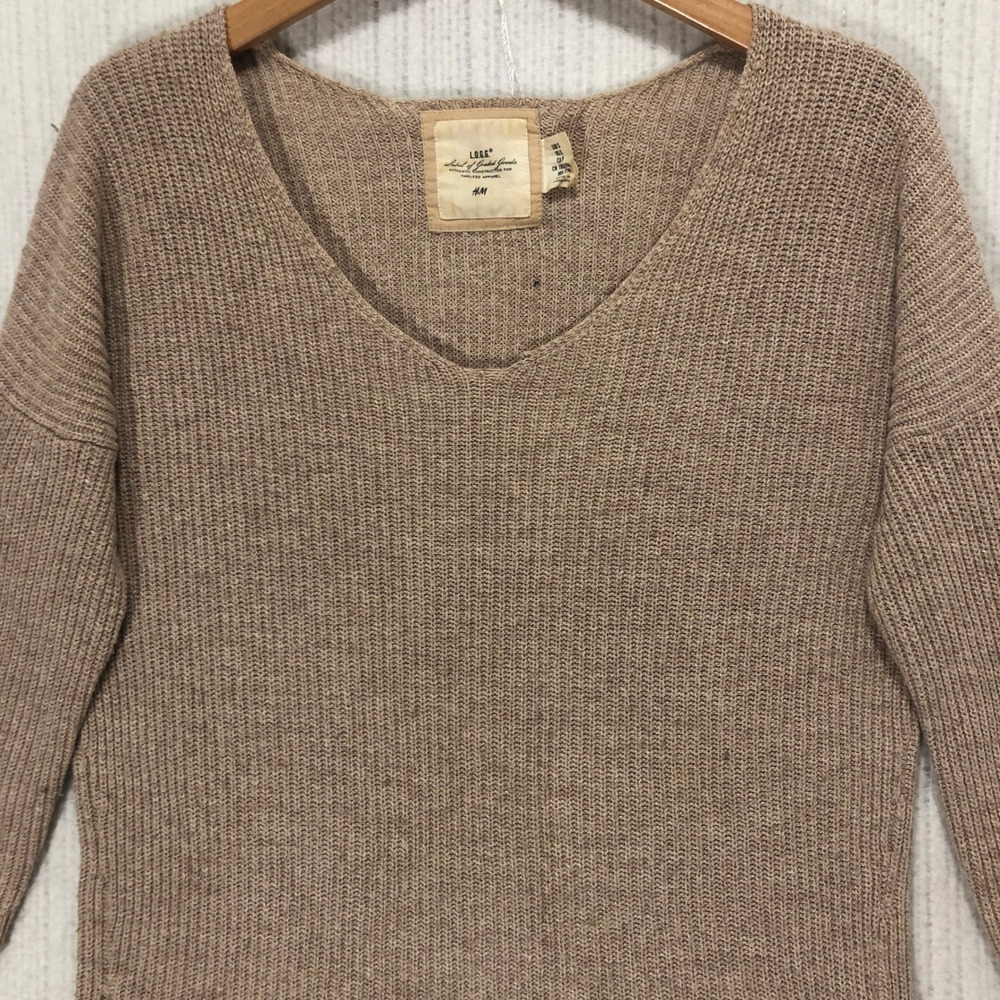 H&M LOGG Beige Knit V Neck‎ 3/4 Sleeve Sweater Women Size S